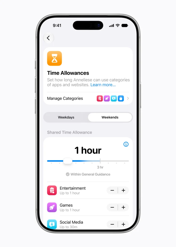 Apple renforce la sécurité des enfants avec une suite d’outils inédite pour iOS 27, iPadOS 27 et macOS 27 4 Apple child account Time Allowances 260608
