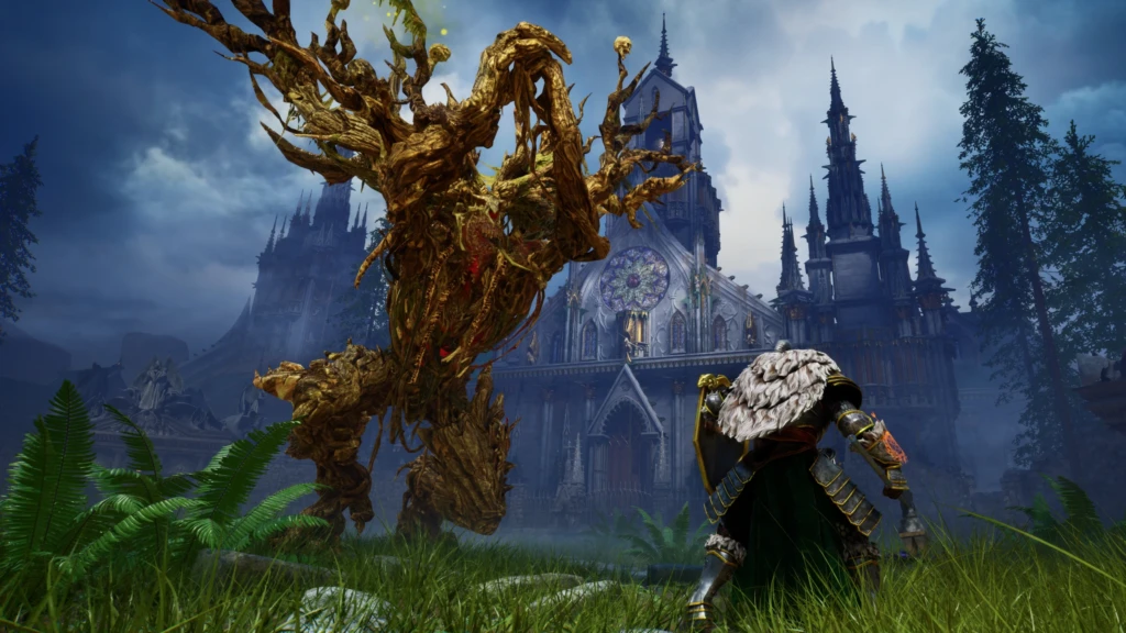 Crimson Moon : le nouvel action-RPG gothique prévu pour septembre 2026 4 Capture d'écran du jeu Crimson Moon, où le joueur combat un boss fait de racines, avec en fond une grande église.