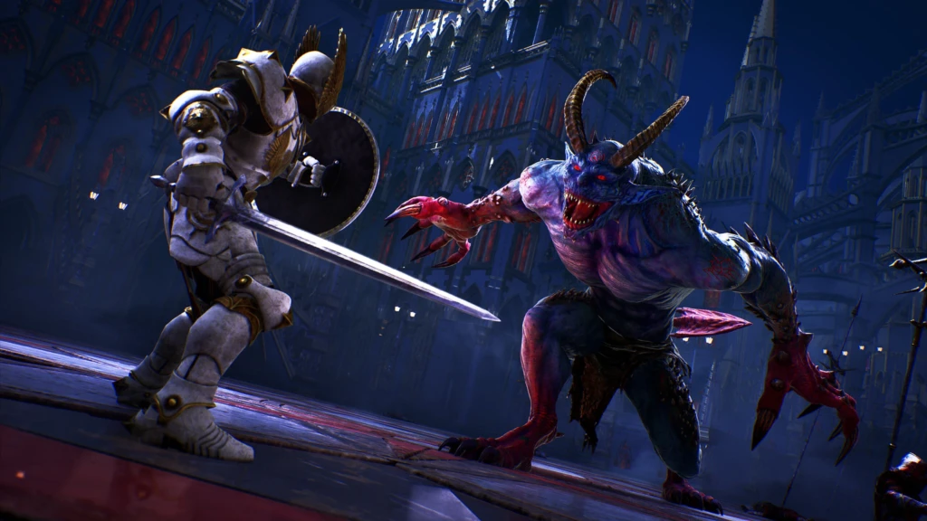 Crimson Moon : le nouvel action-RPG gothique prévu pour septembre 2026 3 Capture d'écran du jeu Crimson Moon, où le joueur combat un grand monstre dans les rues d'une ville de nuit, avec de l'architecture gothique en fond.