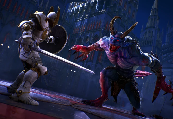 Capture d'écran du jeu Crimson Moon, où le joueur combat un grand monstre dans les rues d'une ville de nuit, avec de l'architecture gothique en fond.