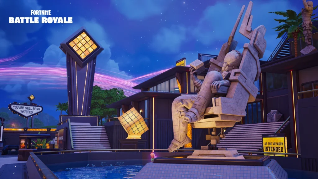 Fortnite Chapitre 7 Saison 3 : nouveautés, Sprites et récompenses 6 Une capture d'écran d'un endroit en ville avec une statue du Voyageur, de la carte de Fortnite, chapitre 3, saison 7