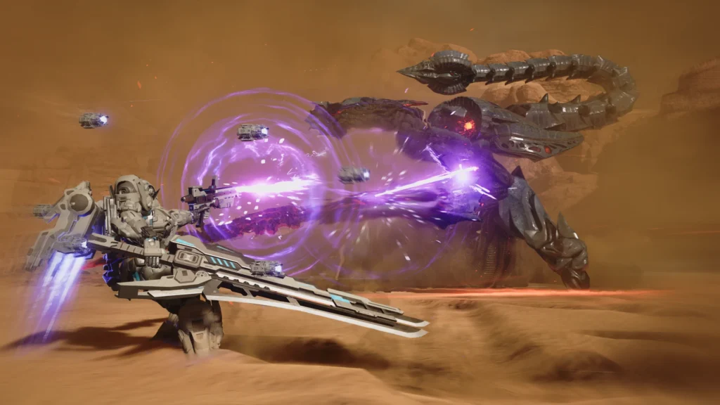 GUNDAM ROGUE ORBIT : le nouvel épisode Gundam dévoilé 4 Une capture d'écran du jeu GUNDAM ROGUE ORBIT, montrant le Gundam Helix contre un scorpion mécanique