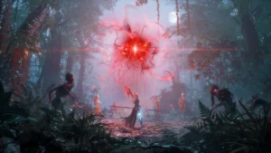 Visuel du jeu Lords of the Fallen 2, avec une femme maîtrisant une magie rouge dans un univers dark fantasy