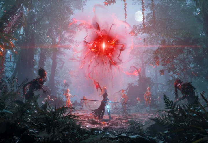 Visuel du jeu Lords of the Fallen 2, avec une femme maîtrisant une magie rouge dans un univers dark fantasy