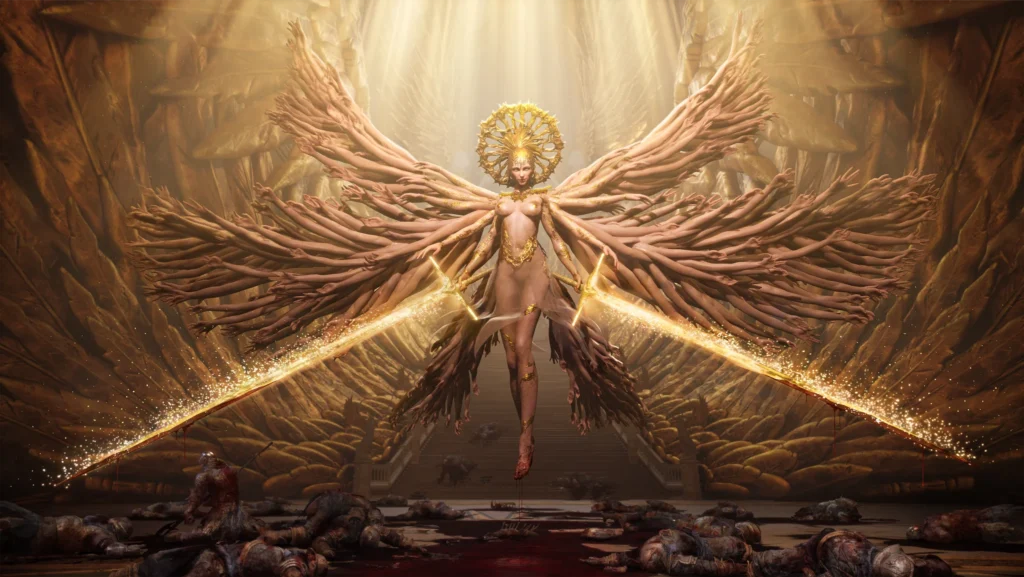 Lords of the Fallen II : la nouvelle bande-annonce dévoile la date de sortie 3 Femmes aux ailes faites de centaines de bras humains, avec deux épées lumineuses en mains