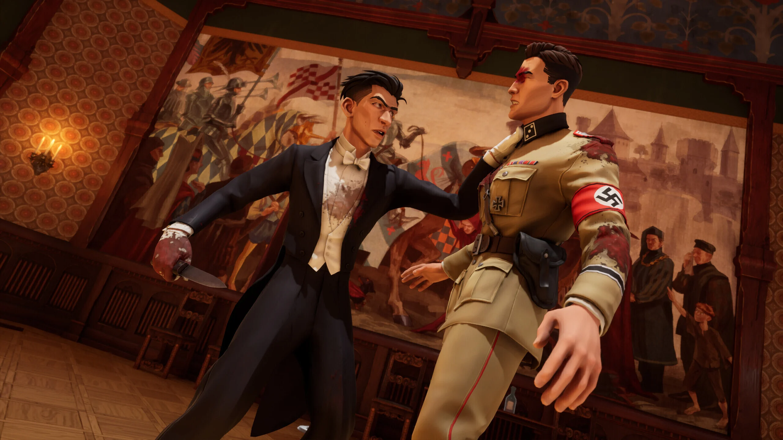 Nekome : Nazi Hunter : incarnez la vengeance d'un soldat 2 Vano Nastasu, protagoniste de Nekome : Nazi Hunter, s'apprêtant à tuer un soldat nazi dans un château.