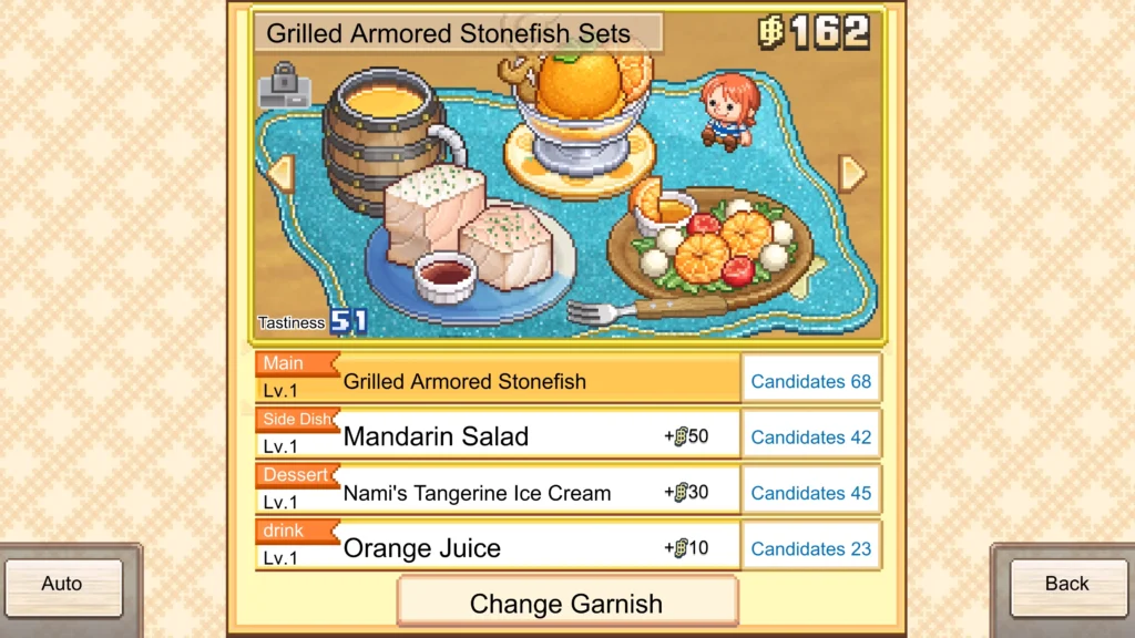 ONE PIECE : Grand Gourmet : préparez-vous à vivre une aventure culinaire le 23 octobre 2026 2 Capture d'écran du jeu ONE PIECE : Grand Gourmet, présentant une personnalisation du menu du restaurant