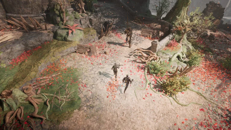 Capture d'écran du jeu Wardens of Avalon. Une vue du dessus. Il s'agit d'un joli chemin entouré de racines et d'arbres. Des petits coins d'herbes l'entourent. Beaucoup de pétales rouges recouvrent le sol à certains endroits. Une lumière naturelle légère mais tout de même vive illumine l'endroit. Des chevaliers courent sur le chemin, prêt à attaquer un ennemi.