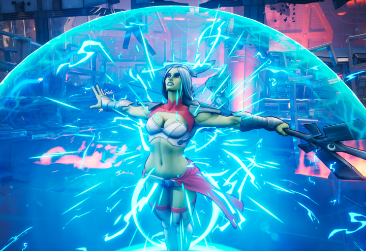Capture d'écran du jeu Invincible VS. Universa est au centre, entouré d'une bulle d'énergie bleutée.