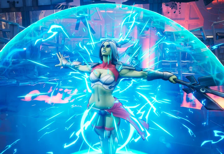 Capture d'écran du jeu Invincible VS. Universa est au centre, entouré d'une bulle d'énergie bleutée.