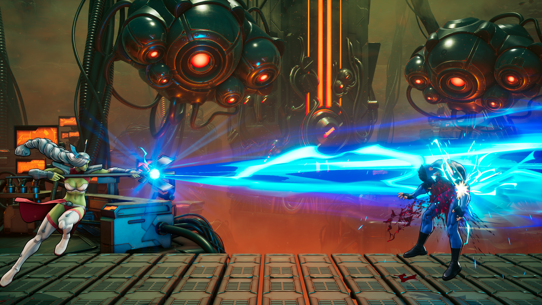Invincible VS : Universa rejoindra l’aventure le 30 juin 2026 4 Capture d'écran du jeu Invincible VS. Universa est face à un ennemi dans l'une des arènes du jeu. Elle lance un cone d'énergie à distance sur son ennemi.