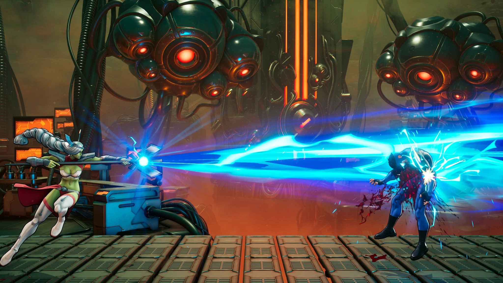 Invincible VS : Universa rejoindra l’aventure le 30 juin 2026 4 Capture d'écran du jeu Invincible VS. Universa est face à un ennemi dans l'une des arènes du jeu. Elle lance un cone d'énergie à distance sur son ennemi.