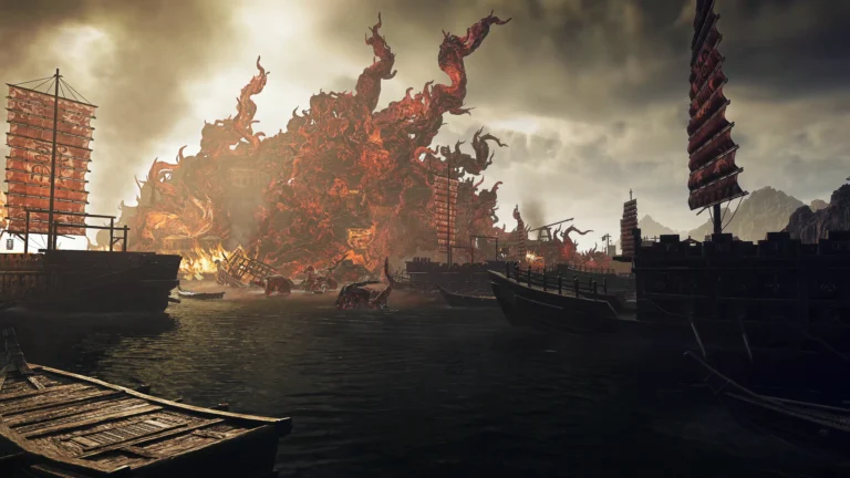 Image du jeu Wo Long 2: Wings of Ember, montrant un paysage sur une mer assiégée par des bateaux de combat et une forme démoniaque au loin