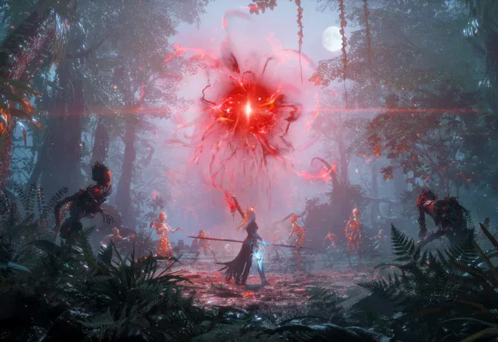 Visuel du jeu Lords of the Fallen 2, avec une femme maîtrisant une magie rouge dans un univers dark fantasy