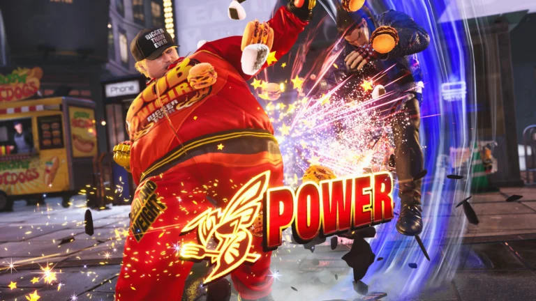 Capture d'écran du jeu Tekken 8, montrant une attaque de Bob, le nouveau personnage dévoilé, avec des sandwich.
