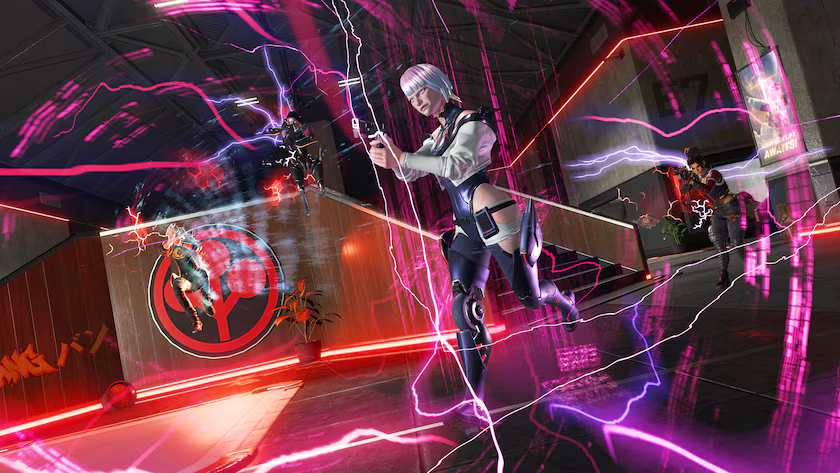 Capture d'&eacute;cran du jeu Apex Legends. Lucie et d'autres personnages sont en arri&egrave;re plan au sein de ce qui semble &ecirc;tre une bulle d'&eacute;nergie &eacute;lectrique rose.