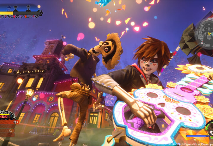 Capture d'écran du jeu Kingdom Hearts, mettant Sora, le personnage du jeu, dans le monde de Coco, le dessin animé de Disney et Pixar. Sora joue de la guitare avec l'un des personnages du film.