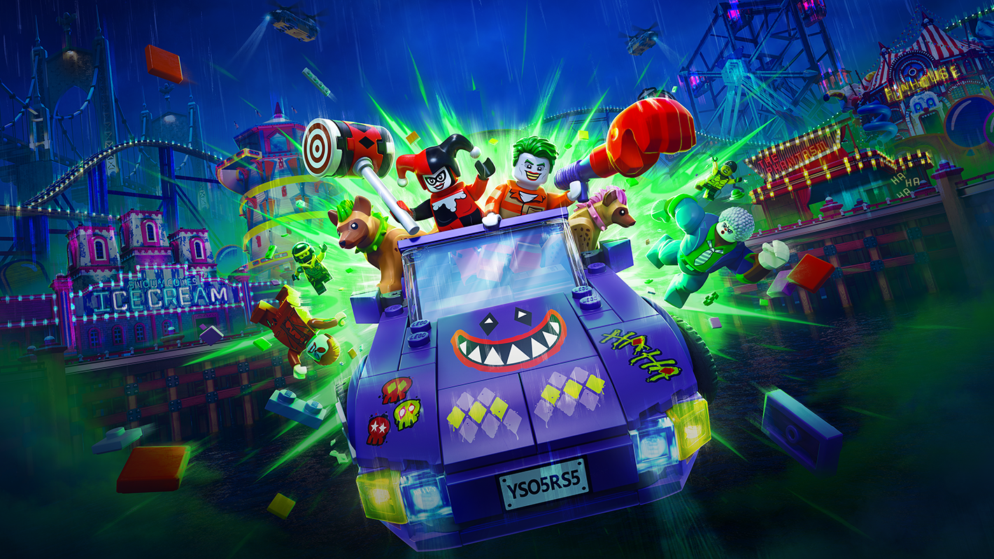 LEGO Batman : un nouveau DLC répand le chaos à Gotham 4 Artwork principal du jeu LEGO Batman : L'Héritage du Chevalier Noir. Le Joker et Harley Quinn sont dans leur voiture personnalisée avec des armes et les hyènes de Harley.