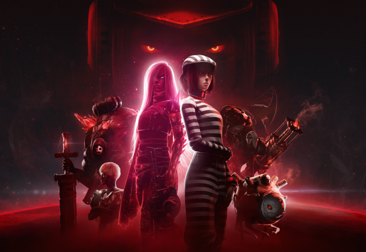 Couverture du jeu Luna Abyss. Une femme en tenue de prisonnière est aux côtés d'une femme aux cheveux longs et en armure, fantomatique à la couleur rouge. Des machines se trouvent en arrière plan. Tout à l'arrière se trouve un visage dont les yeux nous observent.