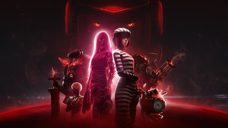 Couverture du jeu Luna Abyss. Une femme en tenue de prisonnière est aux côtés d'une femme aux cheveux longs et en armure, fantomatique à la couleur rouge. Des machines se trouvent en arrière plan. Tout à l'arrière se trouve un visage dont les yeux nous observent.