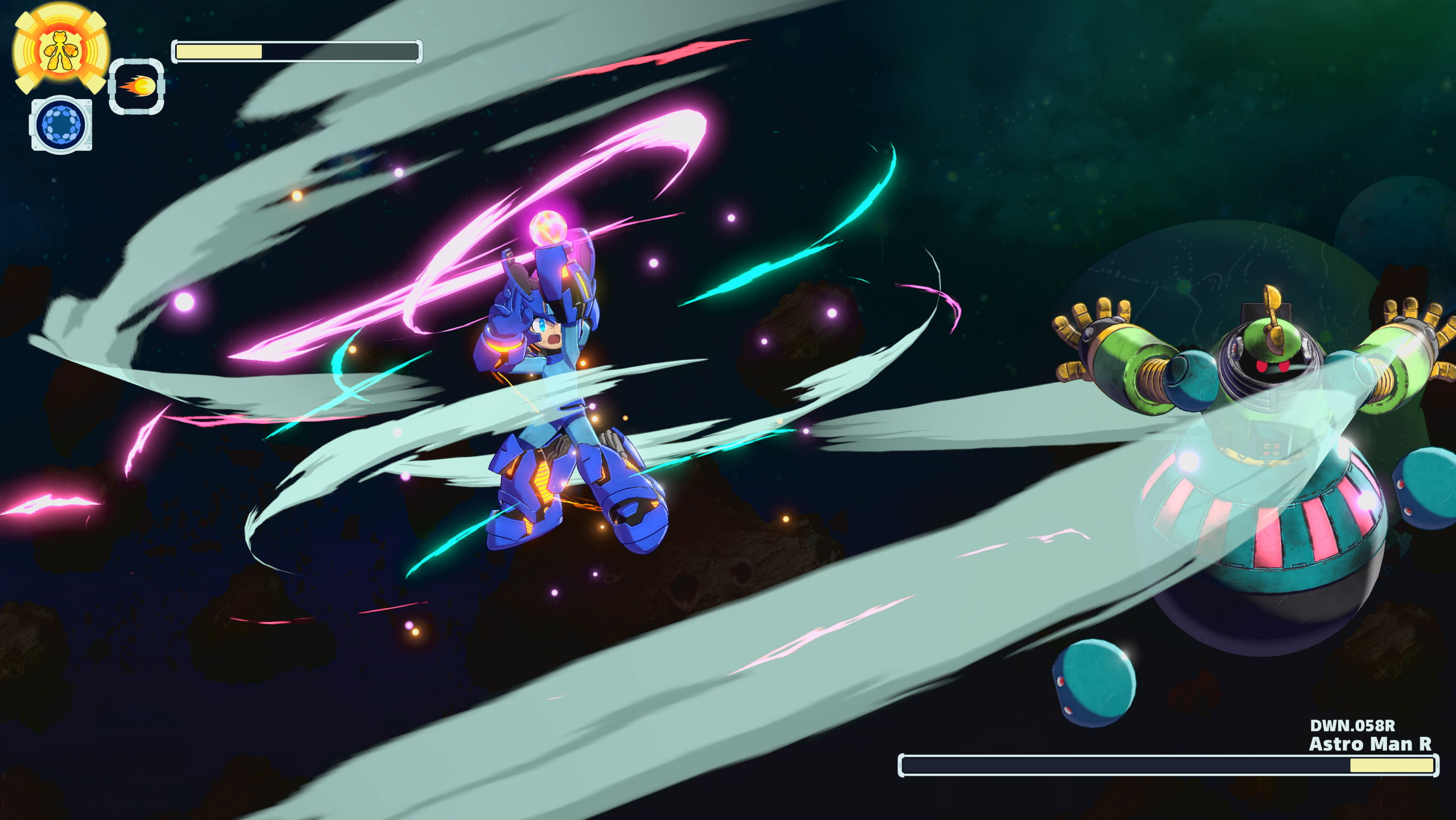 Capture d'écran du jeu Mega Man Dual Override. Il s'agit de Mega Man qui lance une tornade d'air autour de lui, contre un ennemi robot.