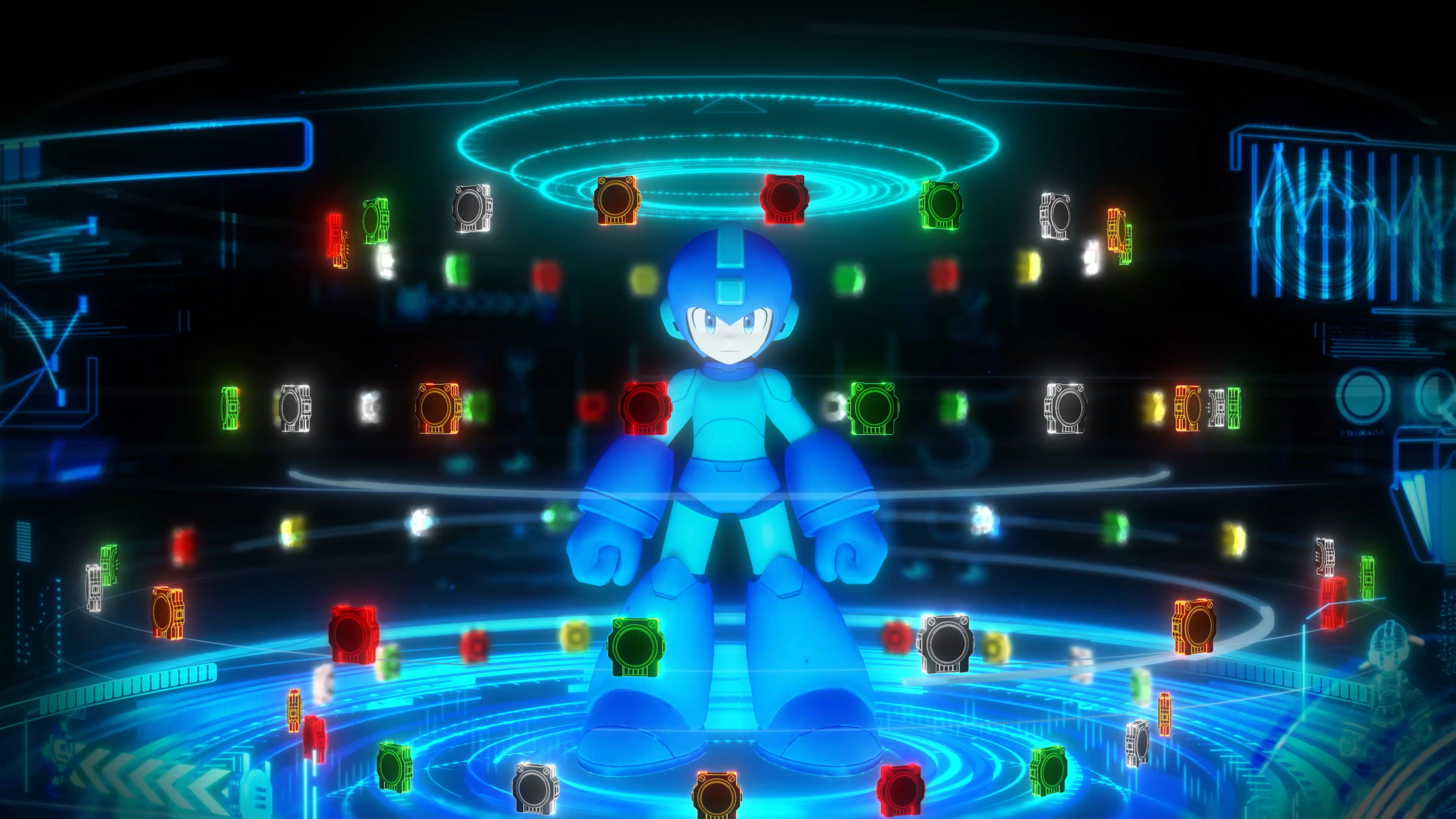 Capture d'écran du jeu Mega Man Dual Override. Il s'agit du personnage de Mega Man entouré de puces modulaires.