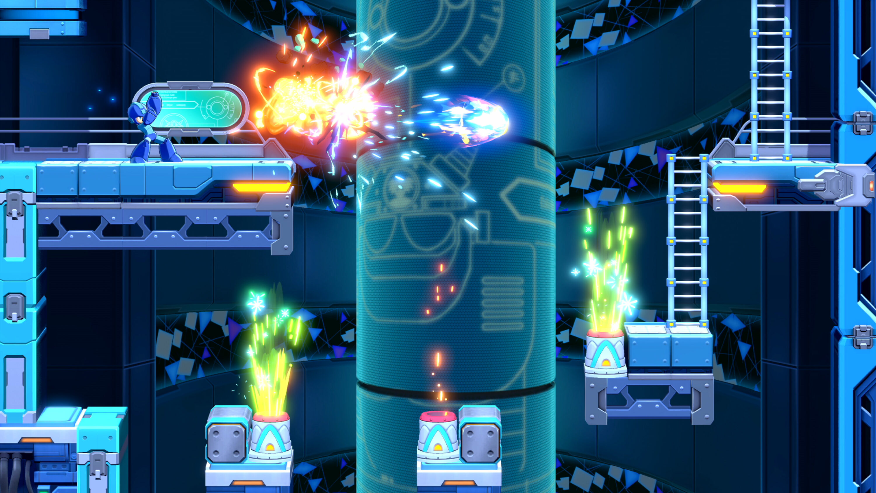 Capture d'écran du jeu Mega Man Dual Override. Il s'agit d'un niveau de platforming avec de nombreux effets de lumières.